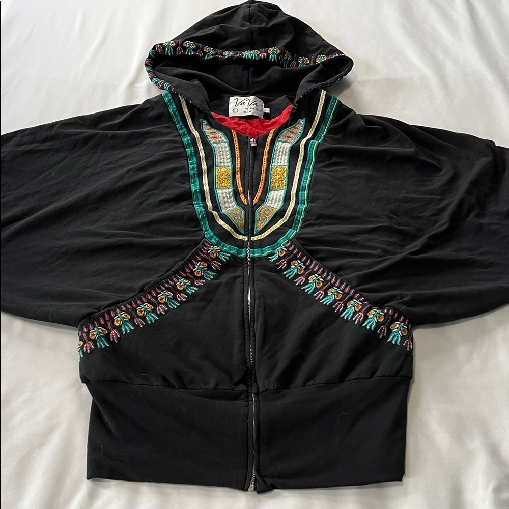 Vintage VaVa by Joy Han Embroidered Batwing Sleeve Zip Front Hooded Jacket